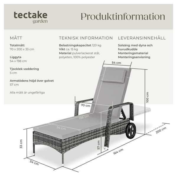 Solsäng i konstrotting med hjul - grå/ljusgrå