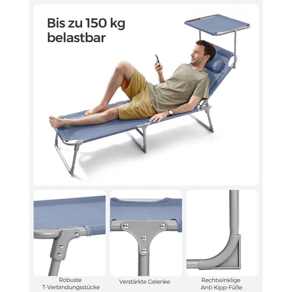 Rootz kokoontaitettava aurinkotuoli - lepotuoli - ulkotuoli - teräsrunko - synteettinen kuitukangas - kevyt - kompakti - helppo säilyttää - 193 cm x 5