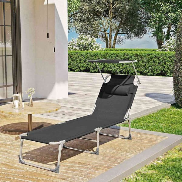 Rootz Solstol - Black Metal Beach Chair - Fällbar schäslong - Syntetfibertyg - 53 cm x 193 cm x 29,5 cm - Lätt och hållbar - Max belastningskapacitet