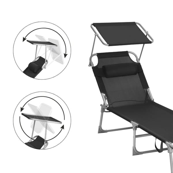 Rootz Solstol - Black Metal Beach Chair - Fällbar schäslong - Syntetfibertyg - 53 cm x 193 cm x 29,5 cm - Lätt och hållbar - Max belastningskapacitet