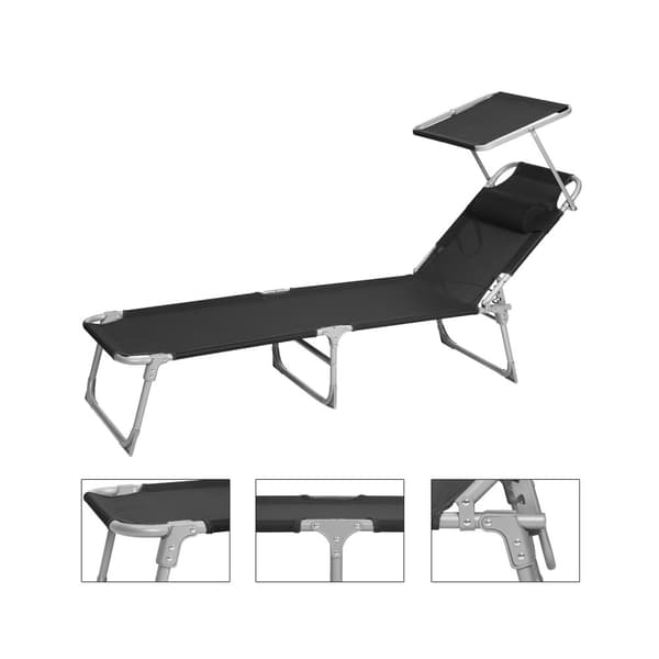Rootz Solstol - Black Metal Beach Chair - Fällbar schäslong - Syntetfibertyg - 53 cm x 193 cm x 29,5 cm - Lätt och hållbar - Max belastningskapacitet