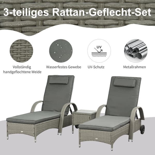 Rootz 3-osainen setti Aurinkotuoli Puutarhan lepotuolipöytä - Ulkokalusteet - Patiosetti - Säänkestävä - Säädettävä mukavuus - Helppo liikkua - L200 x