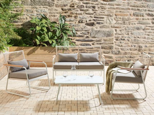 Trädgårdsuppsättning Vit Stål med Grå Dynor Loungegrupp 4-sits Uppsättning Bord Modern