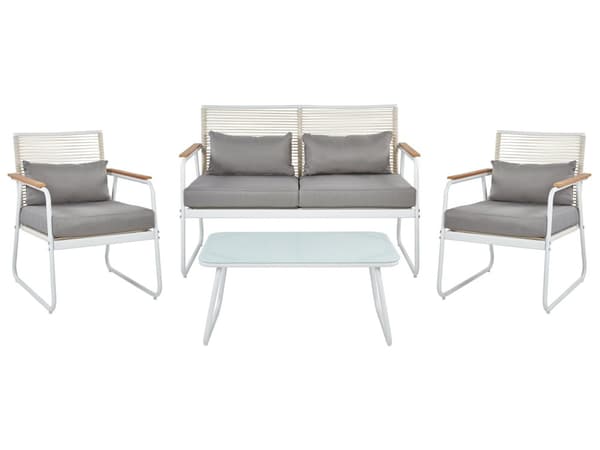Trädgårdsuppsättning Vit Stål med Grå Dynor Loungegrupp 4-sits Uppsättning Bord Modern