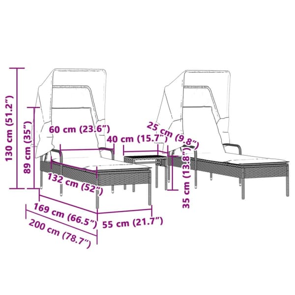vidaXL liggestole 2 stk. med baldakiner og bord polyrattan brun