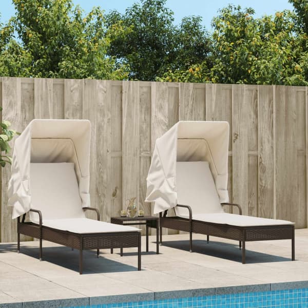 vidaXL liggestole 2 stk. med baldakiner og bord polyrattan brun