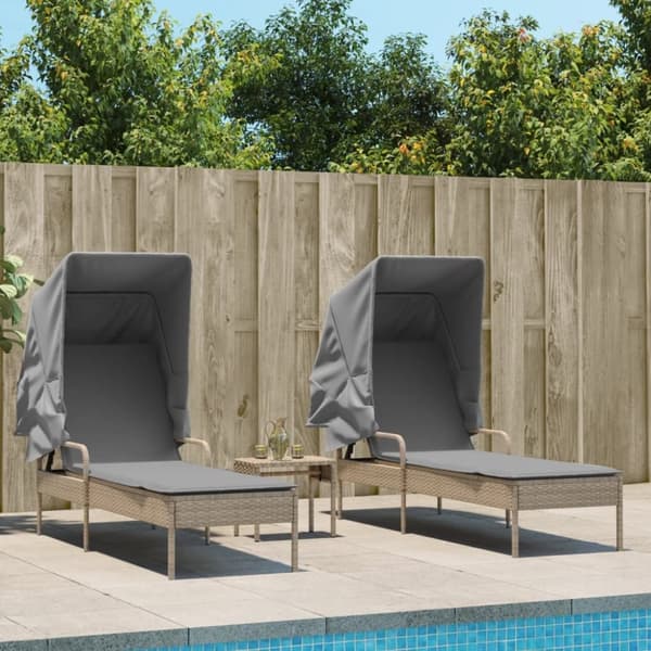 vidaXL liggestole 2 stk. med baldakiner og bord polyrattan beige