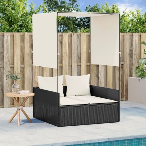 vidaXL solseng med tag og gardiner polyrattan sort
