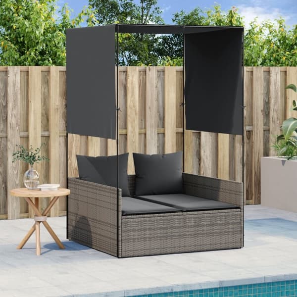 vidaXL solseng med tag og gardiner polyrattan grå