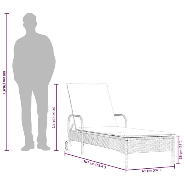 vidaXL liggestol med hjul og hynde polyrattan brun