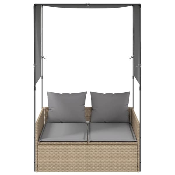 vidaXL Dubbel solsäng med tak och dynor beige konstrotting
