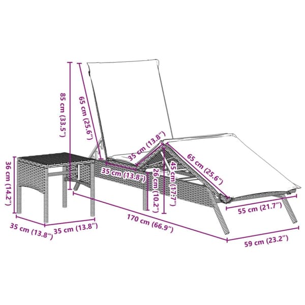 vidaXL liggestole 2 stk. med bord polyrattan sort
