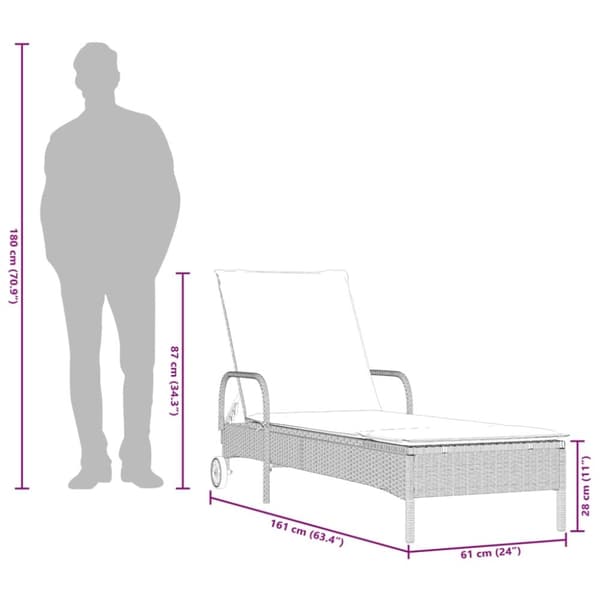 vidaXL liggestol med hjul og hynde polyrattan lysegrå