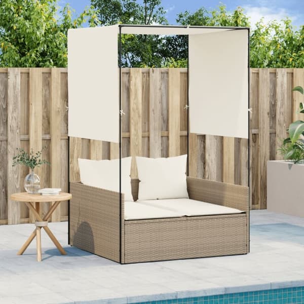 vidaXL solseng med tag og gardiner polyrattan beige