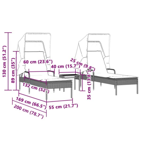 vidaXL liggestole 2 stk. med baldakiner og bord polyrattan grå