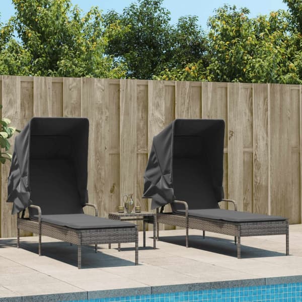 vidaXL liggestole 2 stk. med baldakiner og bord polyrattan grå