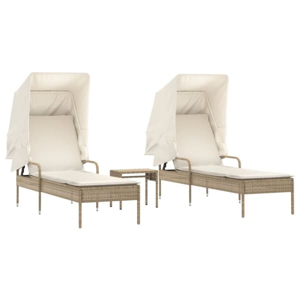 vidaXL Solsängar 2 st med tak och bord beige konstrotting