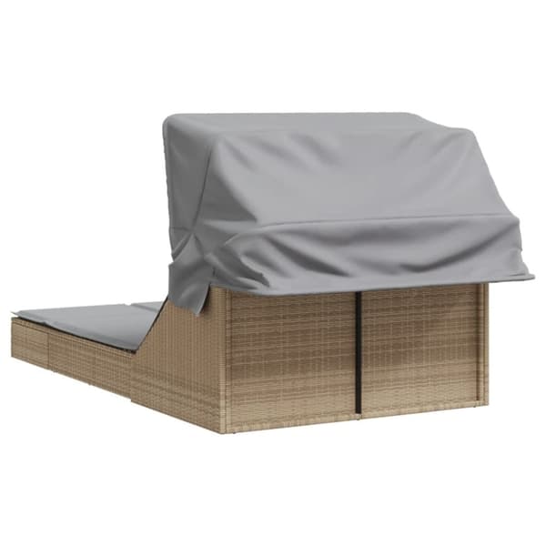 vidaXL Dubbel solsäng med tak och dynor beige konstrotting