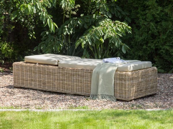 Trädgårdssolstol Naturrotting Korg med Taupe-dyna Justerbart Ryggstöd Boho Traditionell Utomhus Patio