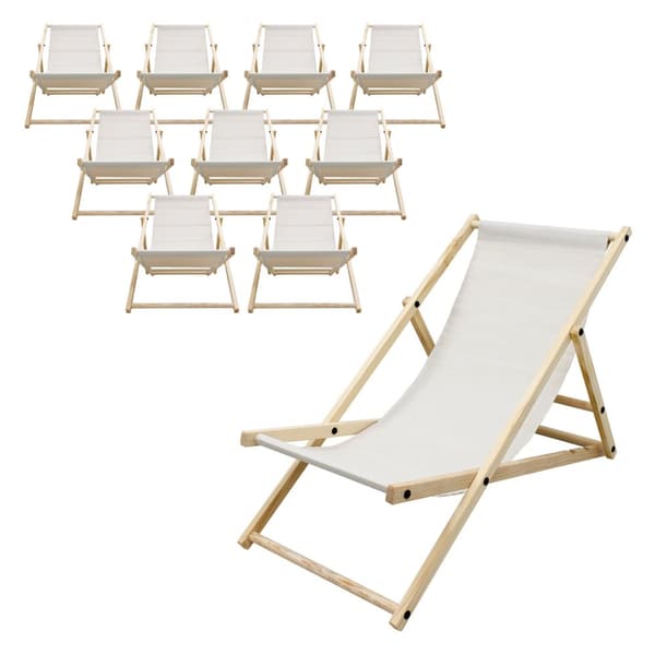 Set med 10 hopfällbara solstolar beige trä justerbart ryggstöd upp till 120 kg solstol trädgård solstol strand solstol