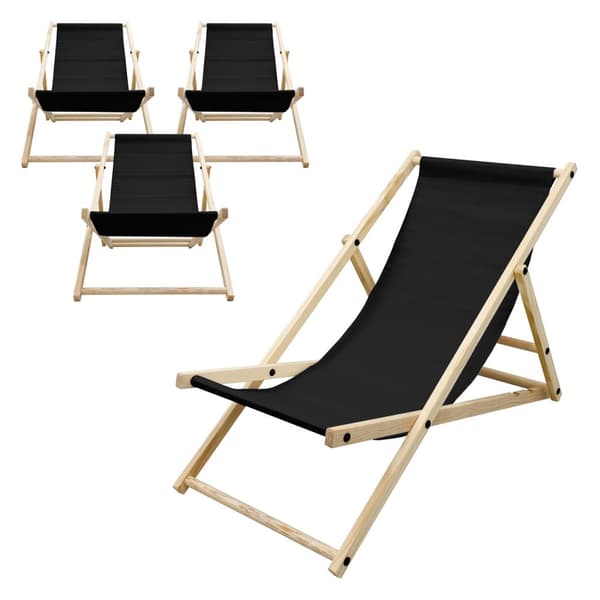 Set med 4 hopfällbara solstolar svart trä justerbart ryggstöd upp till 120 kg solstol trädgård solstol strand solstol
