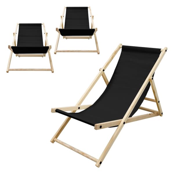 Set med 3 hopfällbara solstolar svart trä justerbart ryggstöd upp till 120 kg solstol trädgård solstol strand solstol