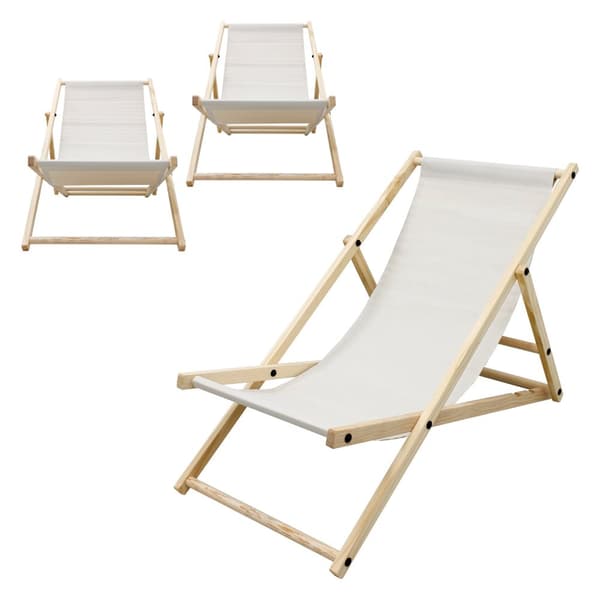 Set med 3 hopfällbara solstolar beige trä justerbart ryggstöd upp till 120 kg solstol trädgård solstol strand solstol