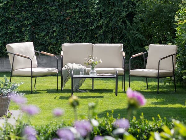 Trädgårdssoffgrupp Ljusbeige Stål Loungegrupp 4-sits med Bord Industriell Stil Trädgård Uteplats Balkong