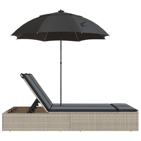 dobbelt loungesofa med hynder og parasol polyrattan lysegrå