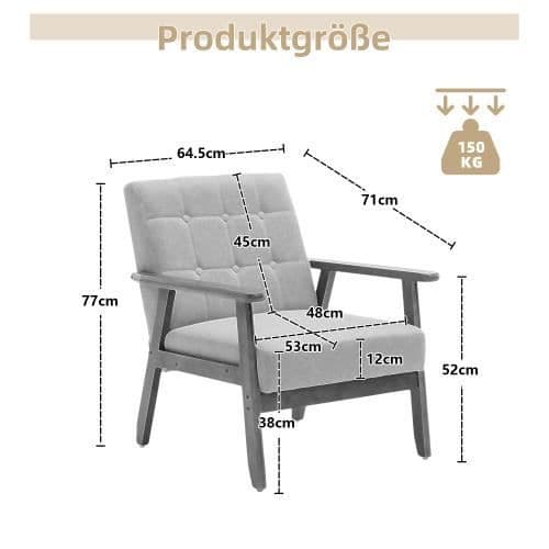 Fåtölj med armstöd och massiva träben, modern stoppad stol för studio i vardagsrummet, grå