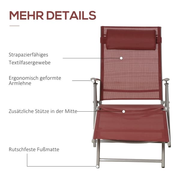 Rootz Justerbar liggestol - Vinrød - Sammenklappelig liggestol - Tekstilstof - Udendørs sæde - 137 cm x 63,5 cm x 100,5 cm