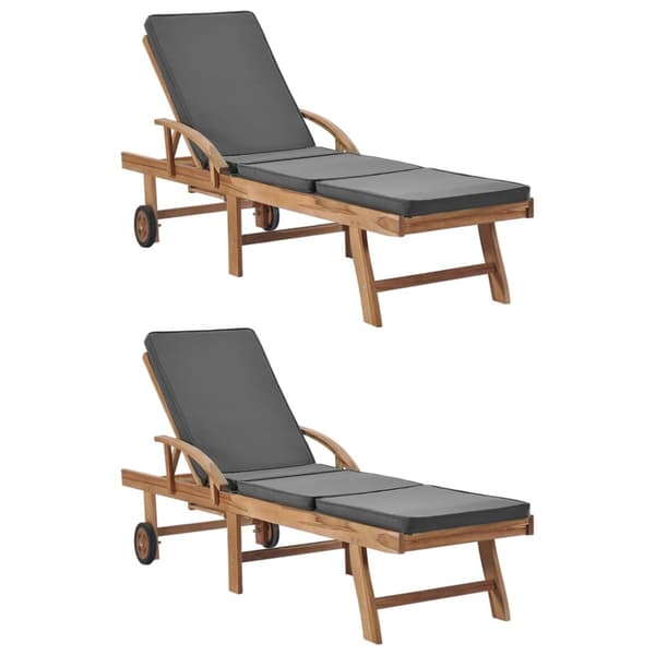 Solsängar med dynor 2 st massiv teak mörkgrå
