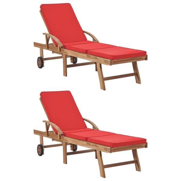 Solsängar med dynor 2 st massiv teak röd