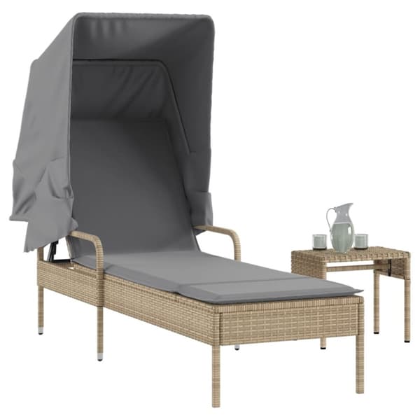 Solsäng med tak och bord beige konstrotting