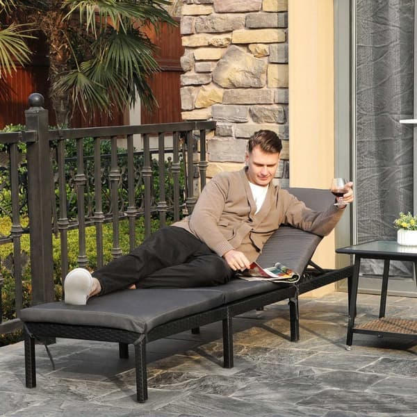 Rootz Black Poly Rattan Solstol - Utomhussäng - Dagbädd - Järnram - Polyestertyg - 59cm x 198cm x 28cm