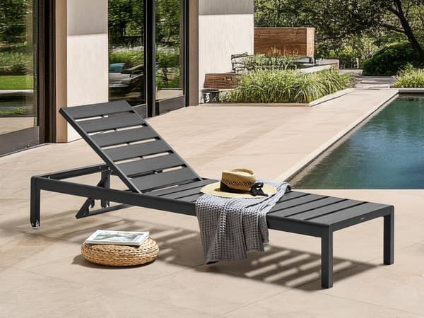 Solseng Sort Plast Aluminium 200 cm Rektangulær Nonwood Liggestol Udendørs Terrasse Justerbar Solstol Vedligeholdelsesfri Drømmeseng