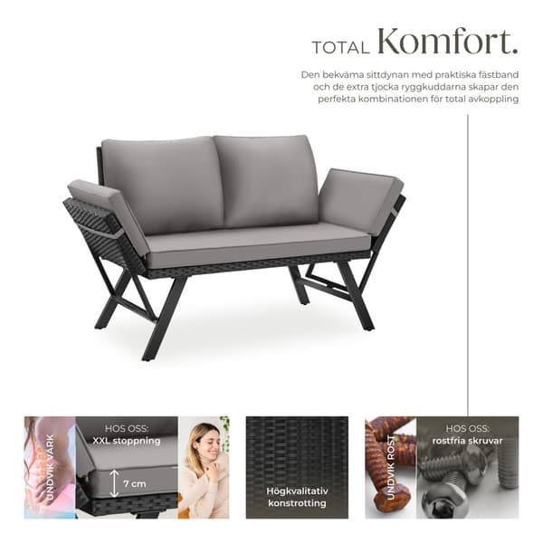 Loungesoffa i konstrotting Sintra med justerbara armstöd, 2i1 - ljusgrå/svart