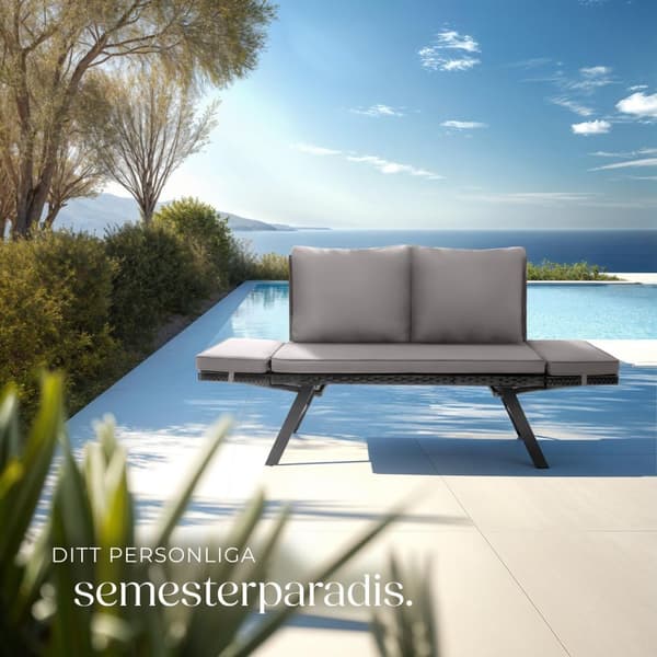 Loungesoffa i konstrotting Sintra med justerbara armstöd, 2i1 - ljusgrå/svart