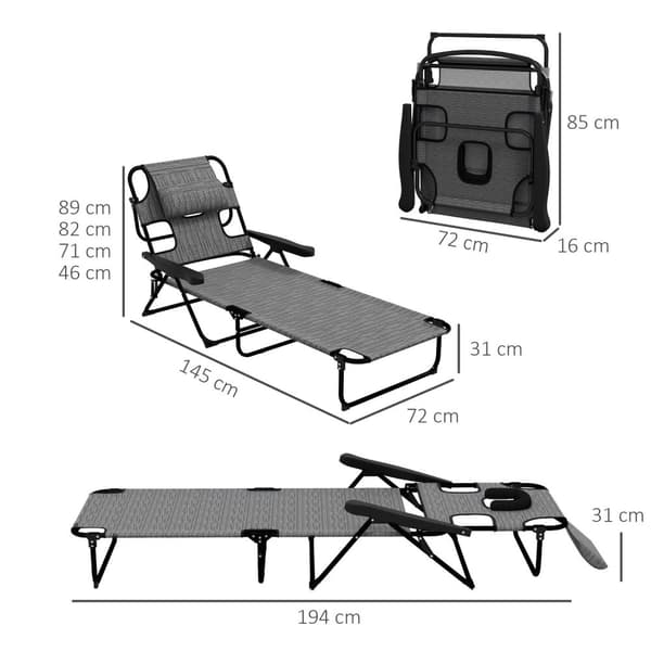 Rootz Garden Lounger - Foldbar solstol - Justerbar ryggstöd - Kuddstöd - 72L X 194W X 31H CM - Grå