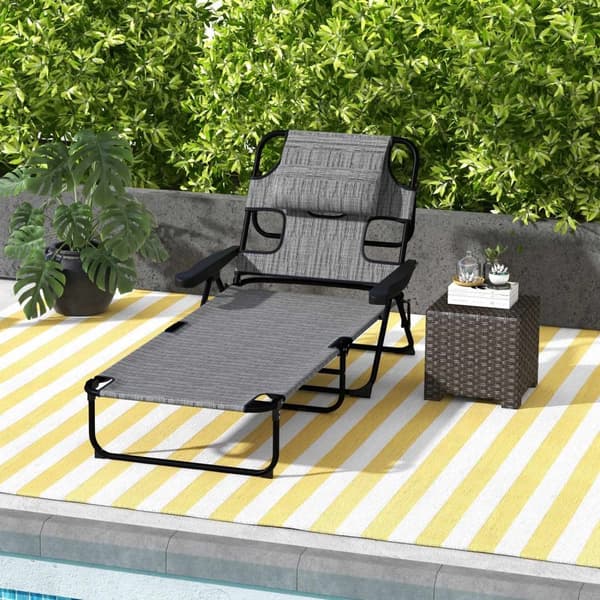 Rootz Garden Lounger - Foldbar solstol - Justerbar ryggstöd - Kuddstöd - 72L X 194W X 31H CM - Grå