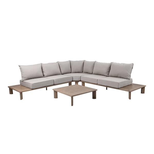 AXI Avery Loungesæt med sidebord i trælook/beige - Hjørnesæt med bord | Havemøbler i pulverlakeret aluminiumsstel | Havemøbler / Loungesæt til 5