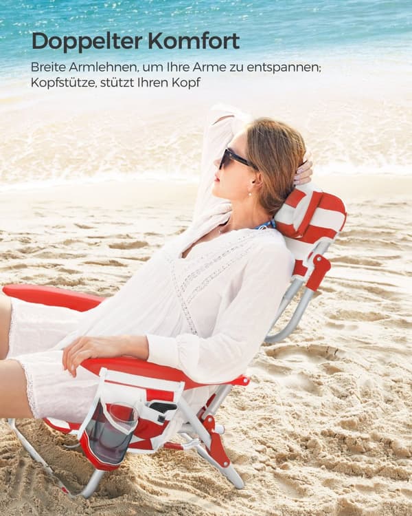 Strandstol, Campingstol, Klappstol, Udendørs Stol, SONGMICS, 68x63x75 cm, Rød-Hvid.