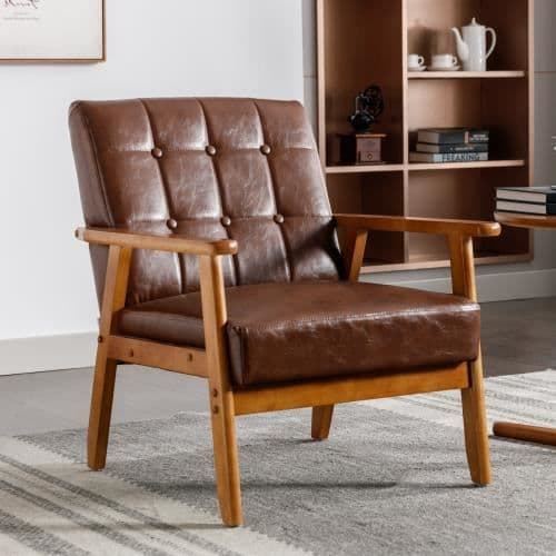 Loungestol med armar och ben i massivt trä, modern stoppad stol för studio i vardagsrummet, gul-brun