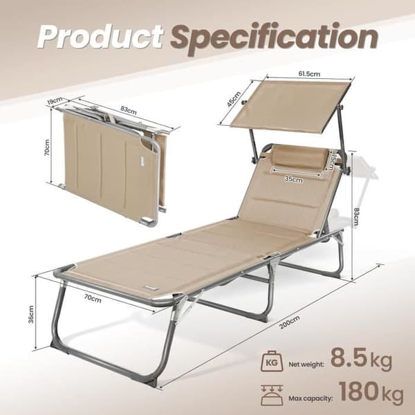 Solsäng med integrerad solskydd och snabbtorkande skum, XXL-format, 200 x 70 cm Beige - Homecall