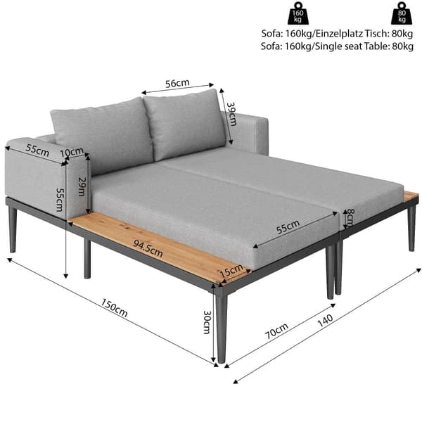 Dubbel bäddsoffa för uteservering 150x140x30cm - Multifunktionell vattentät bäddsoffa - Med hylla - Metall, polyester - Grå