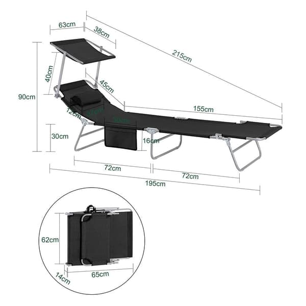Hopfällbar Lounge Stol, OGS48-SCHx2, 195x63x90 cm, Svart
