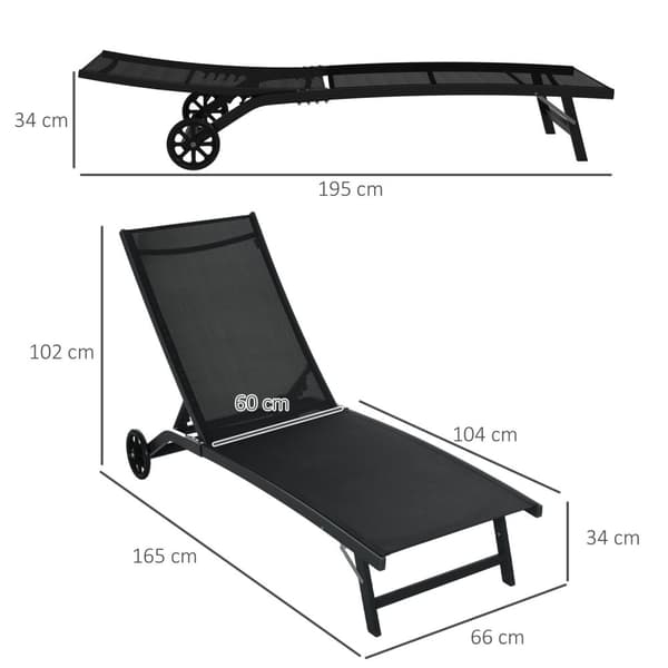 Rootz 2 Sun Loungers Set - Chaise Lounge - Recliner - Ergonomisk komfort - 195 cm x 66 cm x 34 cm - Aluminium & textilen, 150 kg kapacitet, svart