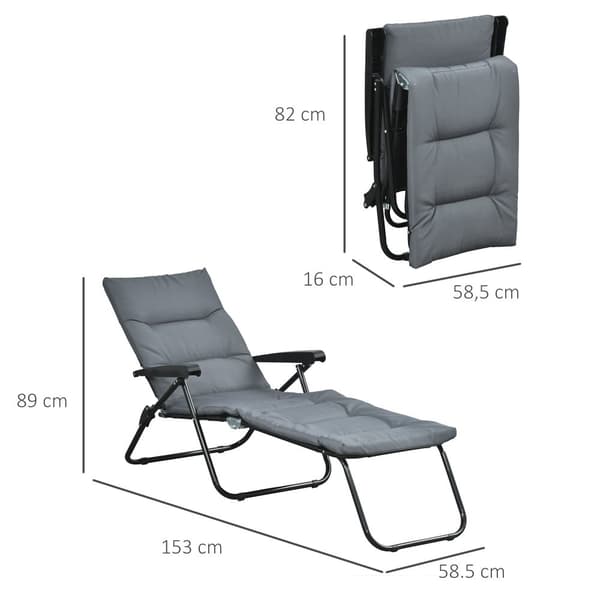 Rootz Folding Sun Lounger - Justerbar retur - utomhusstol - Hög komfort, 153 cm x 58,5 cm x 89 cm - Stål & polyestergrå