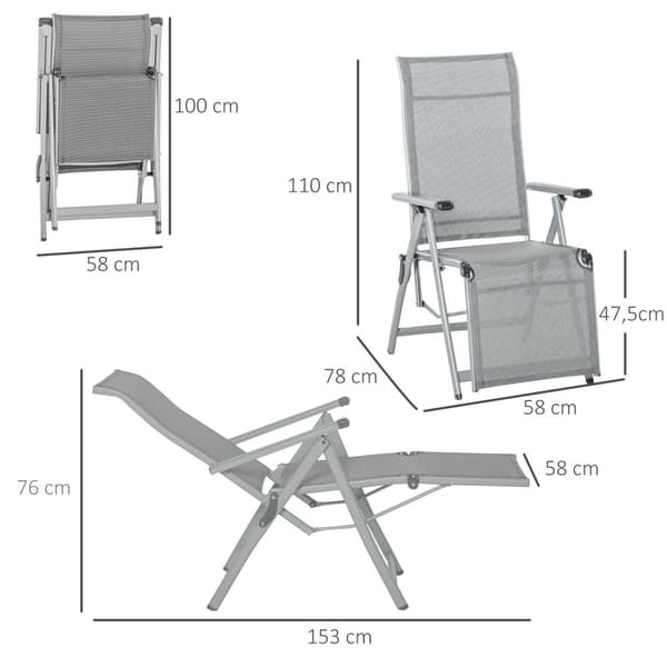 Rootz fällbar solstol - liggande stol - slappna av solstolen - justerbar ryggstöd och fotstöd - Kompakt design - 153 cm x 58 cm x 76 cm