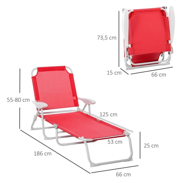 Rootz Folding Sun Lounger - Justerbar chaise Longue - Beach Rentliner - 4 positioner komfort - 186L x 66W x 80H cm